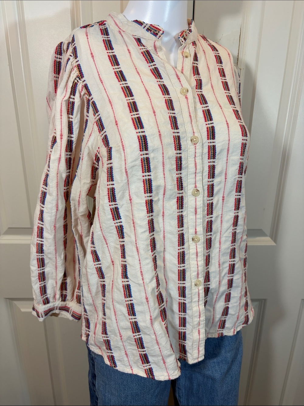 Pilcro Cream Button-Down Shirt with Red and Navy Stripes